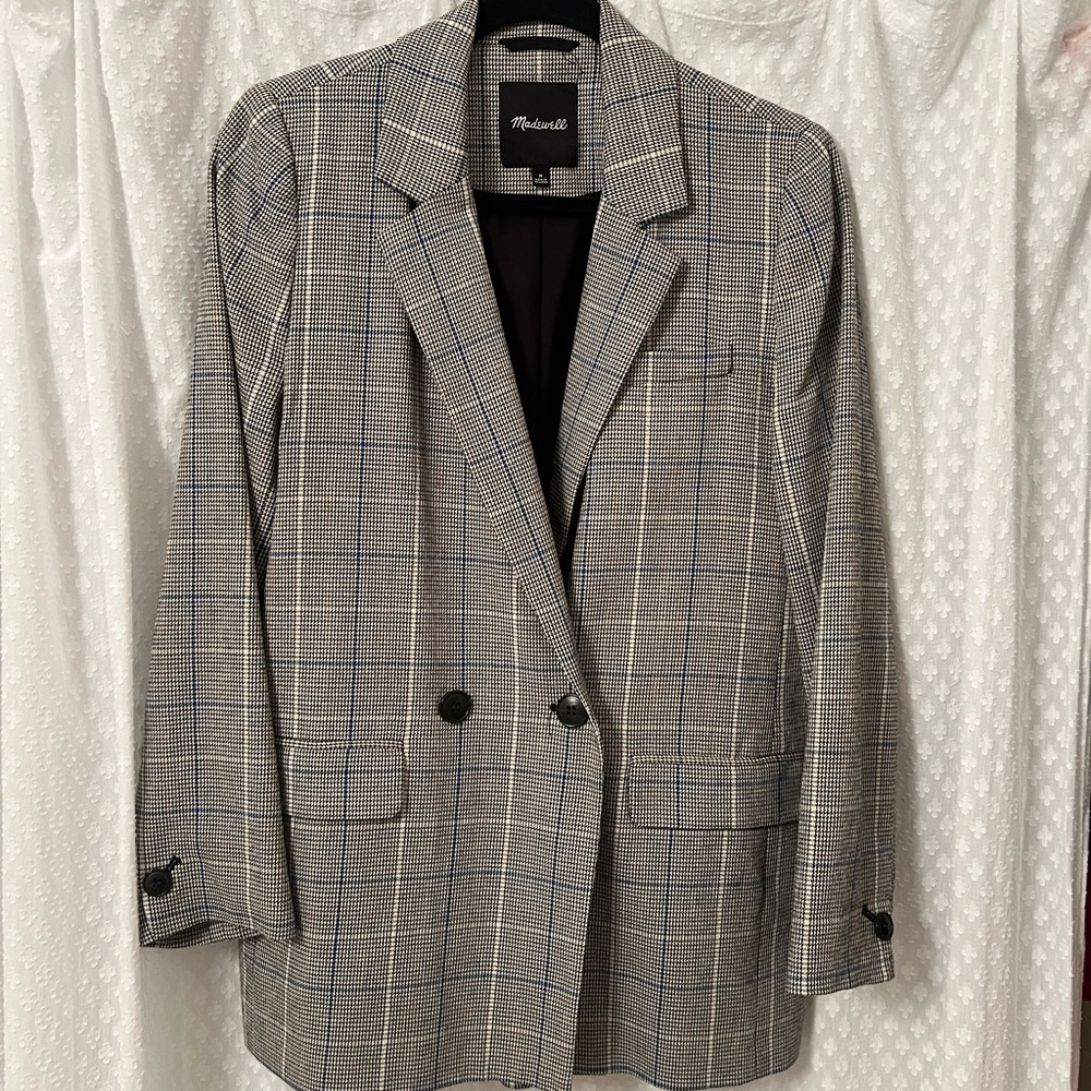 Madewell Black and Gray Plaid Blazer with Notched Lapel